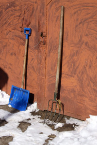 snow shovel and pitchfork